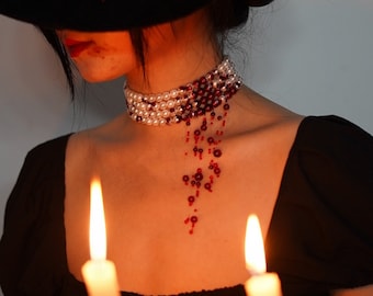 Bloody Pearl Necklace - Gotic Jewelry - Blood Drip Necklace - Vampire's Bloody Pearl Choker - Perfect for Halloween and Cosplay