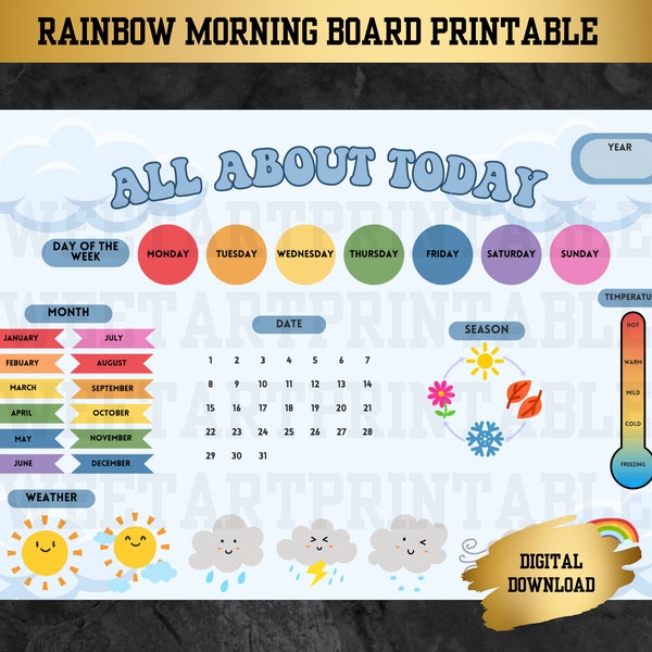 Morning Board | Kids Daily Calendar | Circle Time Poster | All About Today | Kids Homeschool Board | Childs Placemat | Weather Season Chart