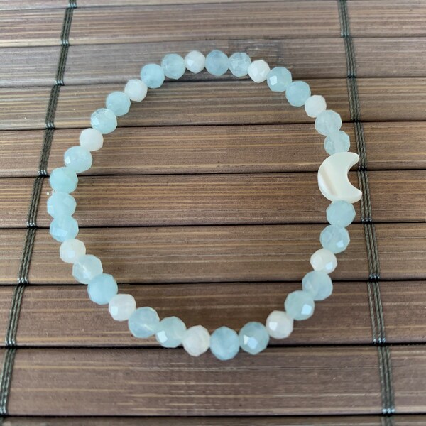 Calm & Serene Aquamarine, Moonstone 4mm Faceted Natural Gemstones Beaded Stretch Bracelet | Throat Chakra | March Birthstone (Pisces, Aries)