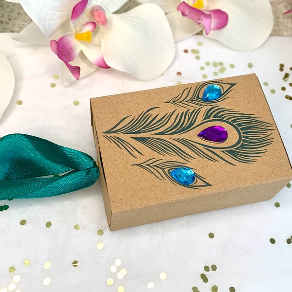 Peacock Design Small Gift Box with Teal Satin Ribbon and Microfiber Cloth | Pull-Drawer Jewelry Storage