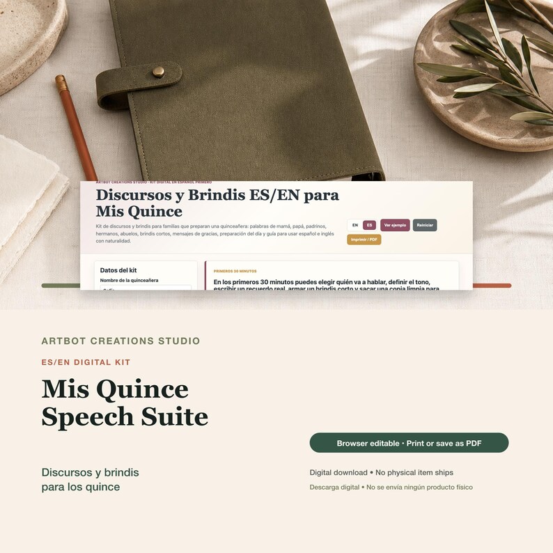 May include: A digital speech and toast kit for a Quincea&ntilde;era titled Mis Quince Speech Suite by Artbot Creations Studio. The document features text in Spanish and English, including sections for speeches, toasts, and event planning, with a dark green folder, a pencil, and a ceramic plate with olive branches visible.