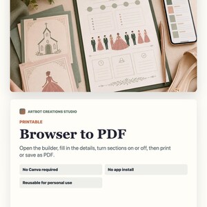 May include: A printable wedding planner document on a clipboard featuring illustrations of a church and a wedding party, accompanied by a smartphone displaying a color palette, a gold pen, and stationery cards with matching wedding-themed graphics.