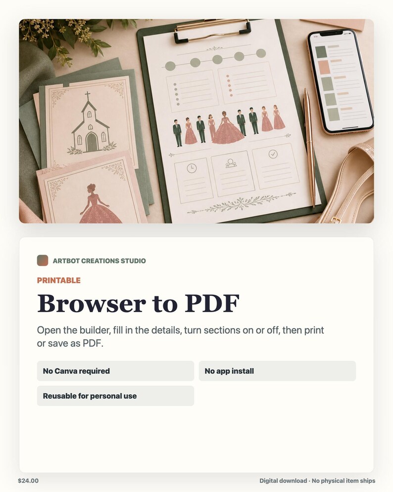 May include: A printable wedding planner document on a clipboard featuring illustrations of a church and a wedding party, accompanied by a smartphone displaying a color palette, a gold pen, and stationery cards with matching wedding-themed graphics.