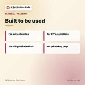 May include: A digital graphic featuring the text ArtBot Creations Studio, Bilingual + Practical, Built to be used, For quince families, For DIY celebrations, For bilingual invitations, and For print-shop prep on a light gradient background.