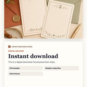 May include: Two rectangular stationery cards with scalloped edges featuring botanical illustrations of leaves, small hearts, and a crown. One card has a red border, the other a green border. They are displayed with a gold wax seal and a gold pen.