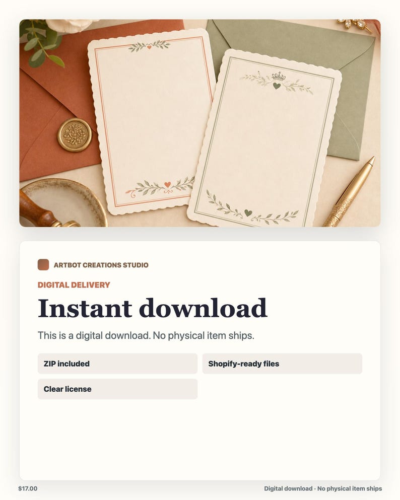 May include: Two rectangular stationery cards with scalloped edges featuring botanical illustrations of leaves, small hearts, and a crown. One card has a red border, the other a green border. They are displayed with a gold wax seal and a gold pen.