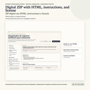 K&ouml;nnte beinhalten: Eine digitale ZIP-Datei mit einem HTML-Organisator f&uuml;r Sturmvorbereitungsunterlagen. Die Benutzeroberfl&auml;che enth&auml;lt Felder f&uuml;r Familienkontakte, Notfallorte und Dokumentenverzeichnisse sowie Optionen zum Drucken oder Speichern als PDF.