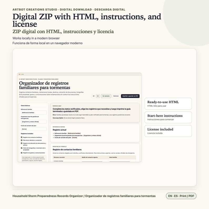 K&ouml;nnte beinhalten: Eine digitale ZIP-Datei mit einem HTML-Organisator f&uuml;r Sturmvorbereitungsunterlagen. Die Benutzeroberfl&auml;che enth&auml;lt Felder f&uuml;r Familienkontakte, Notfallorte und Dokumentenverzeichnisse sowie Optionen zum Drucken oder Speichern als PDF.