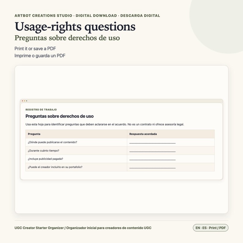 Planificador para creadores de contenido generado por el usuario (español/inglés) / Hoja de cálculo breve sobre tarifas de derechos imagen 8