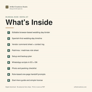May include: A digital kit titled "What's Inside" with a list of wedding planning resources. Includes a wedding day binder, timeline, vendor sheet, role sheets, setup plan, WhatsApp scripts, checklist, prompts, and a guide.