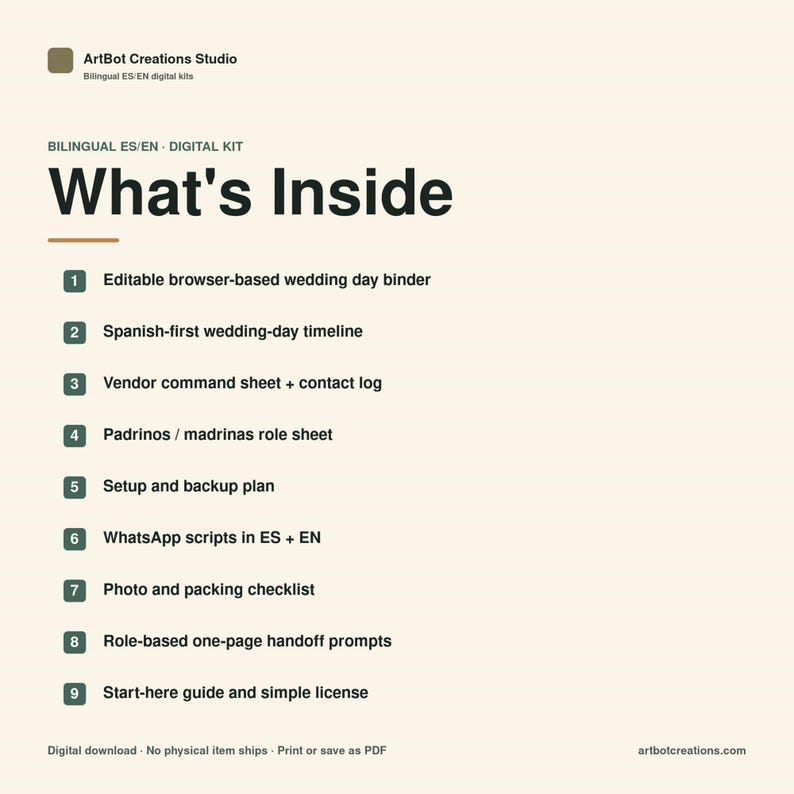 May include: A digital kit titled "What's Inside" with a list of wedding planning resources. Includes a wedding day binder, timeline, vendor sheet, role sheets, setup plan, WhatsApp scripts, checklist, prompts, and a guide.