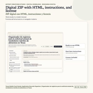 May include: A digital ZIP file containing an HTML-based Texas mobile food vendor application records organizer. The interface includes fields for business references, DSHS official sources, and inspection contacts, with options to print or save as PDF.
