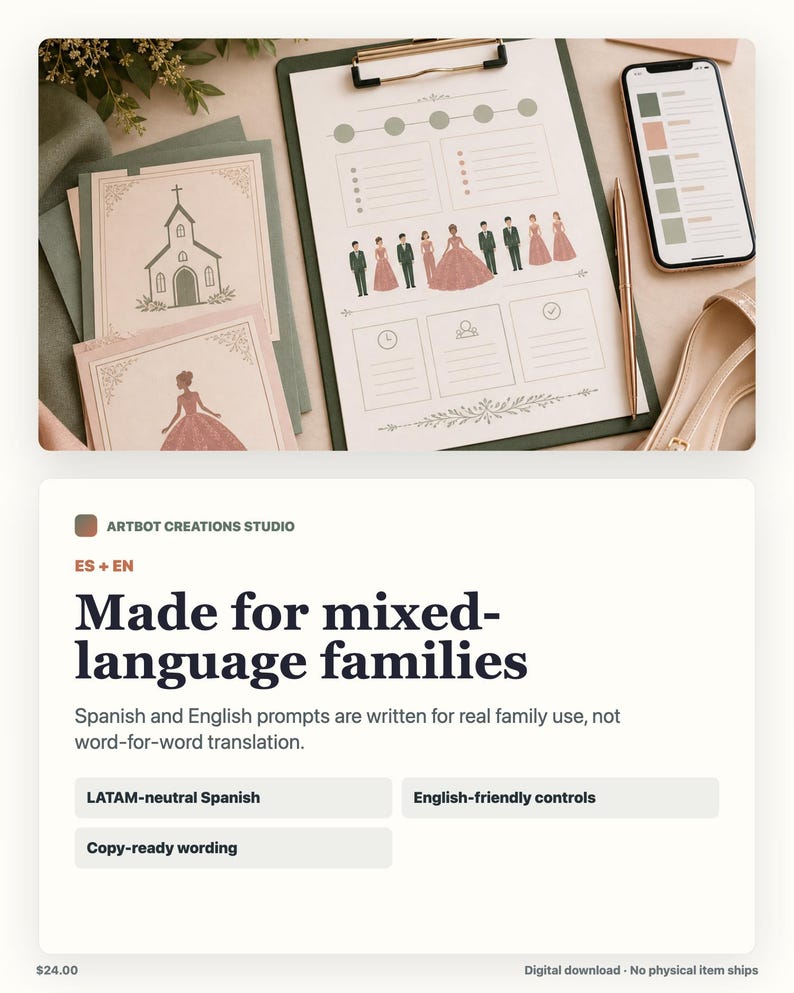 May include: A clipboard holding a wedding planning sheet with illustrations of a church, a person in a gown, and a wedding party. The sheet features checkboxes, a timeline, and a smartphone displaying a color palette. A gold pen rests nearby.