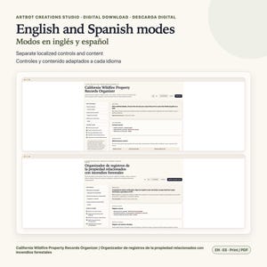 May include: A digital download featuring a California Wildfire Property Records Organizer with English and Spanish modes. The interface displays localized controls and content, allowing users to input verified details and save records as a PDF file.