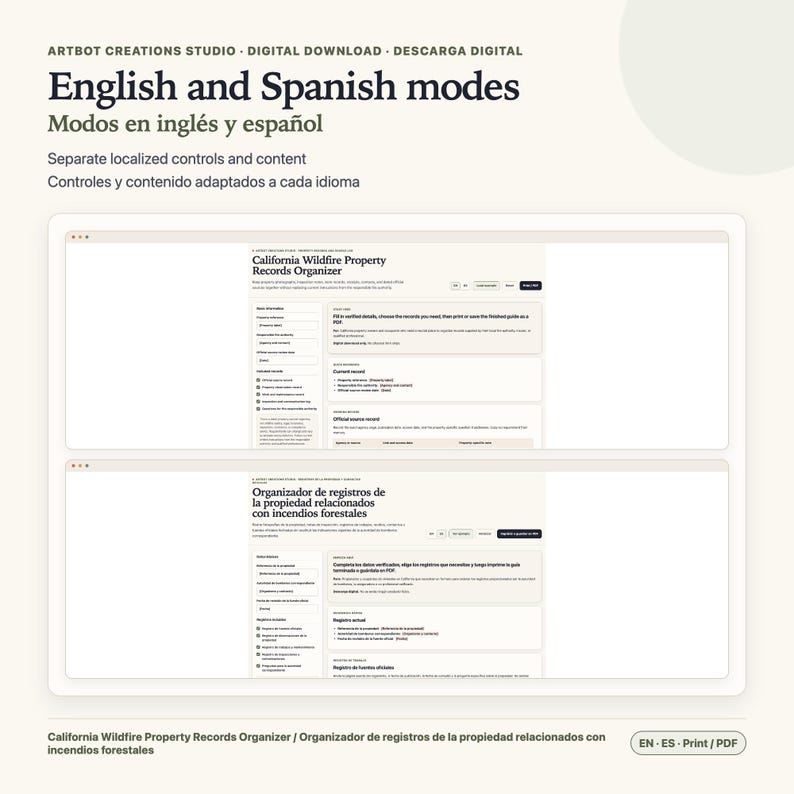 May include: A digital download featuring a California Wildfire Property Records Organizer with English and Spanish modes. The interface displays localized controls and content, allowing users to input verified details and save records as a PDF file.