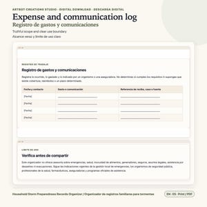 K&ouml;nnte beinhalten: Eine digitale Vorlage f&uuml;r ein Ausgaben- und Kommunikationsprotokoll mit einer Tabelle, die Spalten f&uuml;r Datum, Kontakt, Ausgaben und Belegreferenz enth&auml;lt. Das Dokument umfasst Abschnitte mit den Titeln Registro de trabajo und Limite de uso.