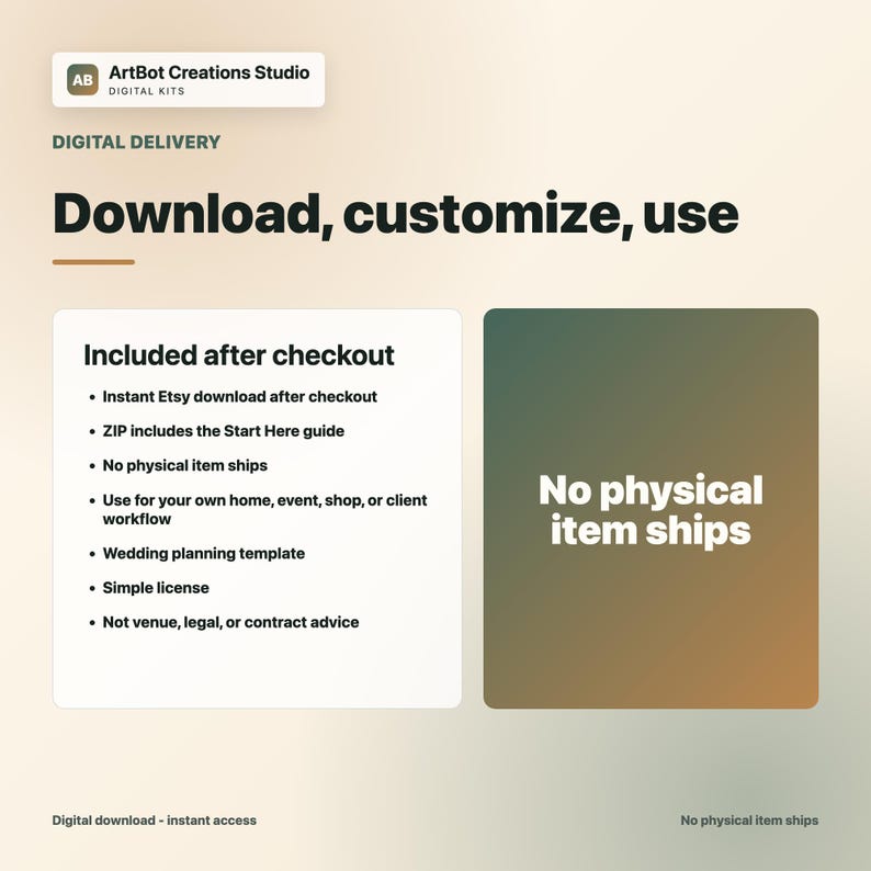 May include: A digital product information graphic from ArtBot Creations Studio titled Download, customize, use. It lists details including instant Etsy download, a ZIP file with a Start Here guide, and a wedding planning template. It states no physical item ships.