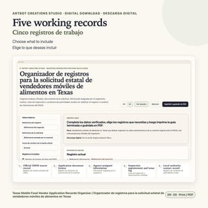May include: A digital download template titled Five working records for Texas mobile food vendor applications. The interface displays fields for business reference, official DSHS source records, application document locators, agency-assigned information, inspection logs, and local authority contact records.