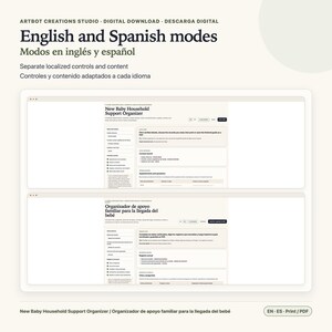 May include: A digital download featuring a New Baby Household Support Organizer with English and Spanish modes. The interface displays localized controls, input fields for family information, appointment tracking, and a printable PDF guide option.