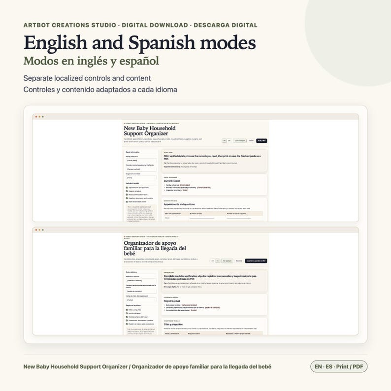 May include: A digital download featuring a New Baby Household Support Organizer with English and Spanish modes. The interface displays localized controls, input fields for family information, appointment tracking, and a printable PDF guide option.