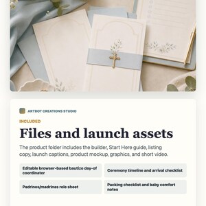 May include: A set of cream-colored stationery featuring delicate floral illustrations and gold cross accents. The collection includes folded cards with light blue paper bands, a lined notepad, and matching envelopes, all arranged with a blue fabric.