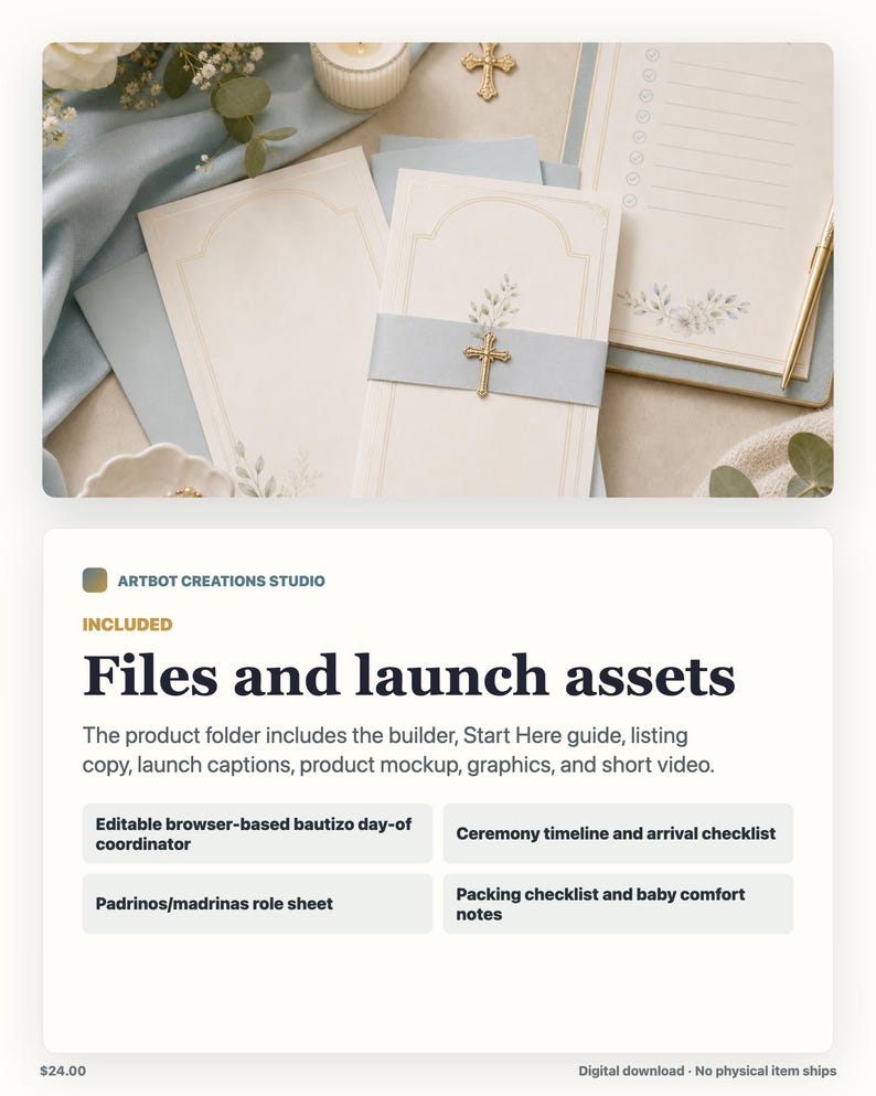 May include: A set of cream-colored stationery featuring delicate floral illustrations and gold cross accents. The collection includes folded cards with light blue paper bands, a lined notepad, and matching envelopes, all arranged with a blue fabric.