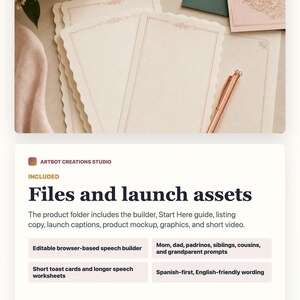 May include: A stack of cream-colored stationery cards with scalloped edges and a thin, rose-gold border design. A rose-gold metallic pen rests on the paper. The cards feature a delicate, decorative rose-gold floral motif at the top center.