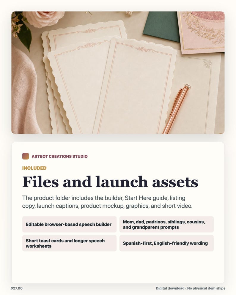 May include: A stack of cream-colored stationery cards with scalloped edges and a thin, rose-gold border design. A rose-gold metallic pen rests on the paper. The cards feature a delicate, decorative rose-gold floral motif at the top center.