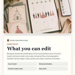 May include: A rehearsal coordination kit for a quincea&ntilde;era court of honor, featuring a clipboard with a printed planner, illustrated cards showing a church and a person in a gown, a gold pen, and a smartphone displaying a color-coded digital list.