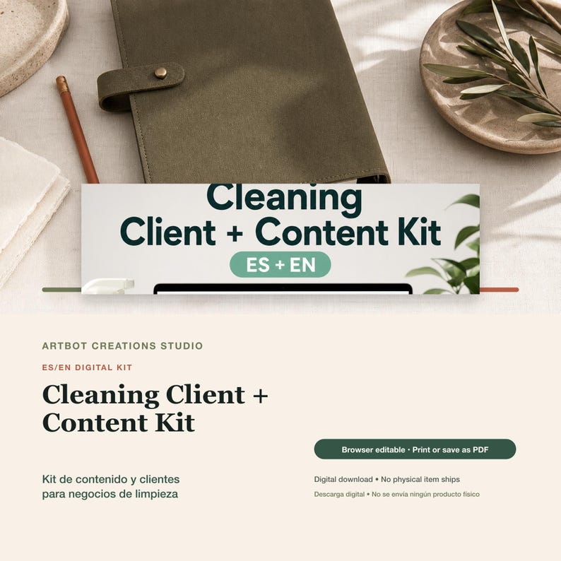 Peut inclure: Un produit num&eacute;rique intitul&eacute; Cleaning Client + Content Kit ES + EN par Artbot Creations Studio. Le graphique pr&eacute;sente un texte vert fonc&eacute; sur fond clair, incluant des boutons pour l'&eacute;dition dans le navigateur et l'enregistrement en PDF.