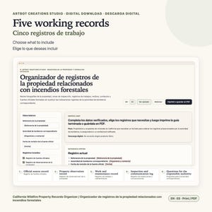 May include: A digital download template titled Five working records featuring a wildfire property records organizer. The interface includes fields for property reference, fire authority, and inspection logs with options to print or save as a PDF.