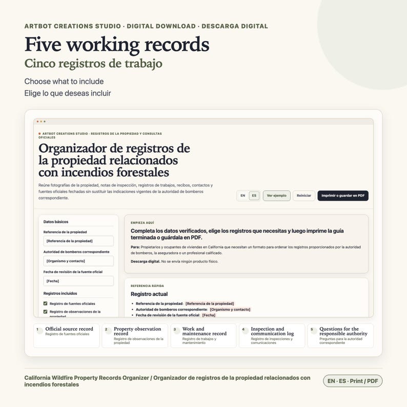 May include: A digital download template titled Five working records featuring a wildfire property records organizer. The interface includes fields for property reference, fire authority, and inspection logs with options to print or save as a PDF.