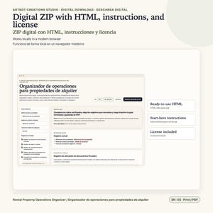 May include: A digital rental property operations organizer displayed on a screen, featuring a beige interface with black text. The layout includes sections for property data, maintenance logs, and contact records, with buttons for printing and PDF export.