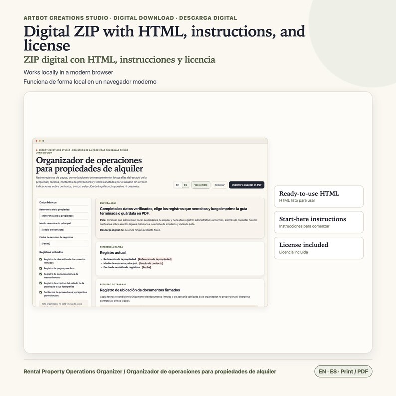 May include: A digital rental property operations organizer displayed on a screen, featuring a beige interface with black text. The layout includes sections for property data, maintenance logs, and contact records, with buttons for printing and PDF export.