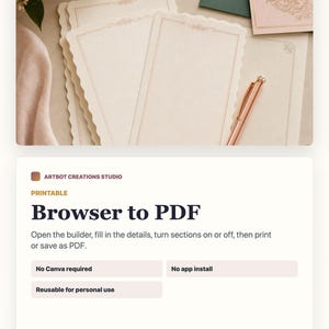 May include: A stack of cream-colored stationery sheets with scalloped edges and thin rose gold border lines, accompanied by a matching rose gold pen. The text "ARTBOT CREATIONS STUDIO" and "Browser to PDF" is visible on the product information card.