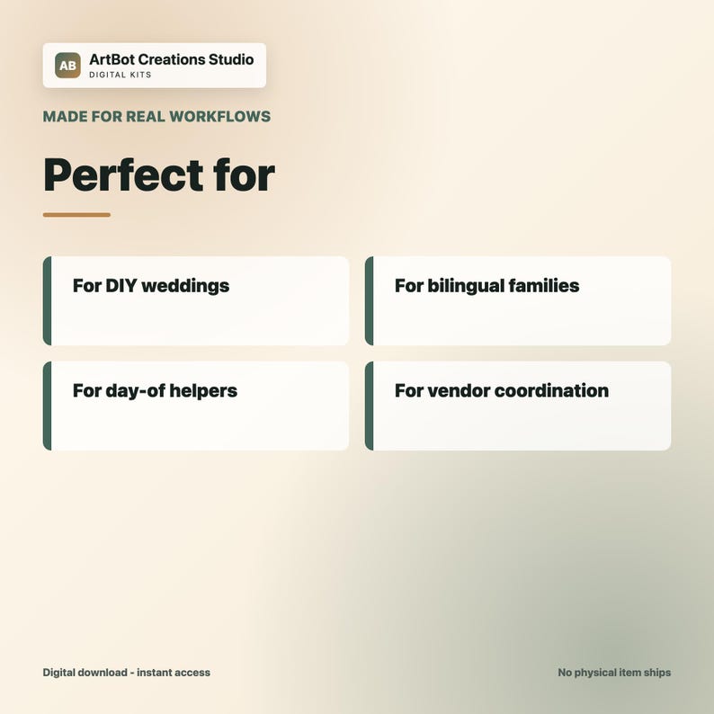 May include: Image from ArtBot Creations Studio, promoting digital kits. The text reads "Perfect for" followed by four bullet points: DIY weddings, bilingual families, day-of helpers, and vendor coordination. The phrase "Made for real workflows" is also present.