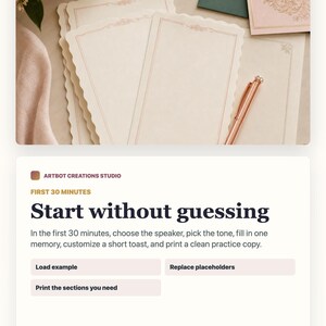 May include: A stack of cream-colored stationery cards with scalloped edges and thin, rose-gold decorative borders. A rose-gold metallic pen rests on the paper. The cards feature a delicate, ornate rose-gold floral motif at the top center.