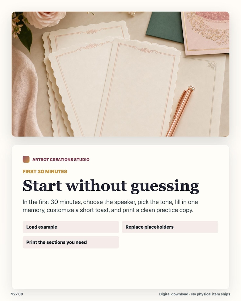 May include: A stack of cream-colored stationery cards with scalloped edges and thin, rose-gold decorative borders. A rose-gold metallic pen rests on the paper. The cards feature a delicate, ornate rose-gold floral motif at the top center.