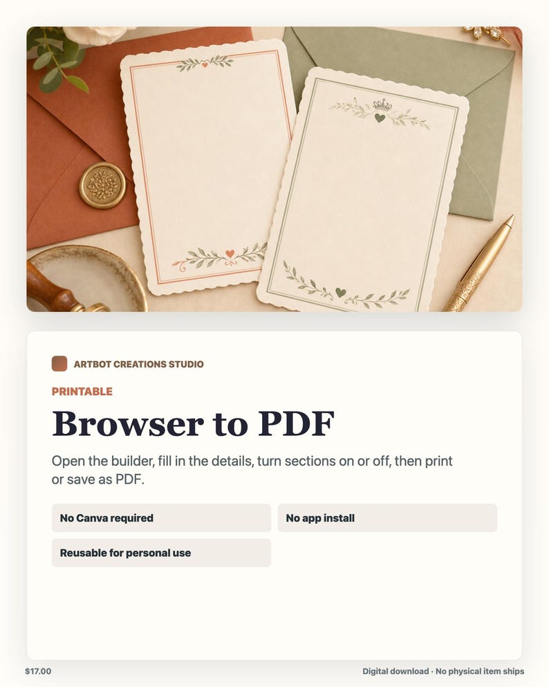 May include: Two rectangular stationery cards with scalloped edges and cream-colored paper. One card features a red border with leaf and heart motifs, while the other displays a green border with a crown, heart, and leaf design. Both are blank.