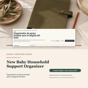 May include: A digital New Baby Household Support Organizer kit from Artbot Creations Studio. The interface features text in Spanish and English, including the title Organizador de apoyo familiar para la llegada del beb&eacute;, with options to print or save as PDF.