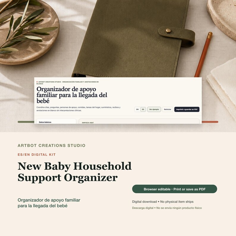 May include: A digital New Baby Household Support Organizer kit from Artbot Creations Studio. The interface features text in Spanish and English, including the title Organizador de apoyo familiar para la llegada del beb&eacute;, with options to print or save as PDF.