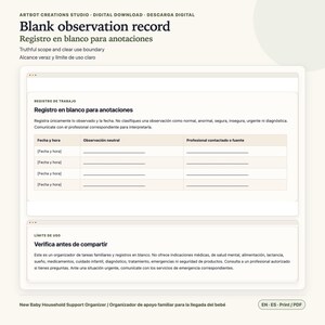 May include: A digital document template titled Blank observation record, featuring a table with columns for date and time, neutral observation, and contact source, followed by a usage limit section for family task organization.