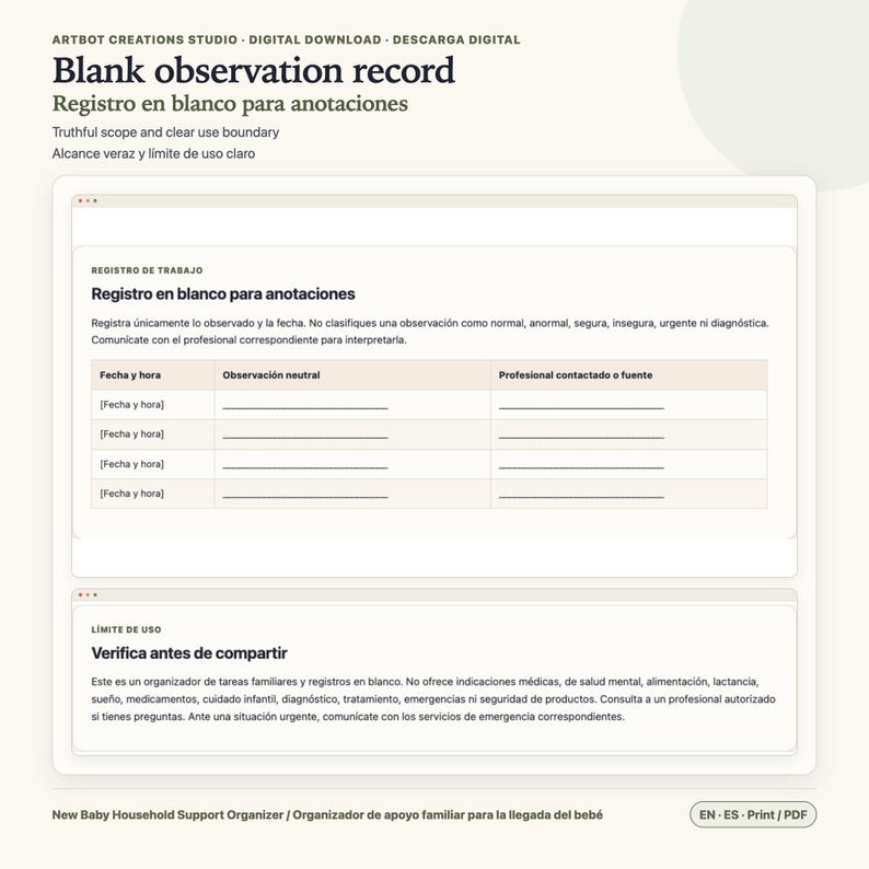 May include: A digital document template titled Blank observation record, featuring a table with columns for date and time, neutral observation, and contact source, followed by a usage limit section for family task organization.