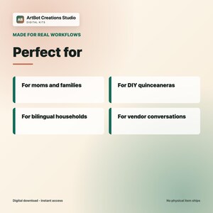 May include: A digital graphic with the text ArtBot Creations Studio Digital Kits, Made for real workflows, and Perfect for. Four white rectangular boxes list: For moms and families, For DIY quinceaneras, For bilingual households, and For vendor conversations.