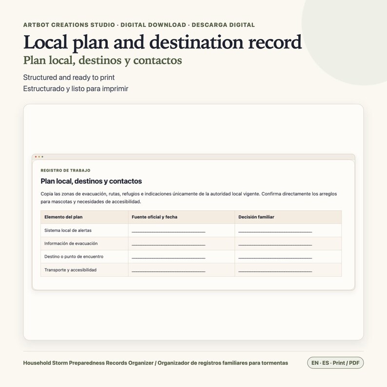 K&ouml;nnte beinhalten: Eine digitale Dokumentvorlage mit dem Titel Local plan and destination record, die eine Tabelle mit Spalten f&uuml;r Planelemente, offizielle Quellen und Familienentscheidungen enth&auml;lt, einschlie&szlig;lich Abschnitten f&uuml;r Warnungen und Evakuierung.