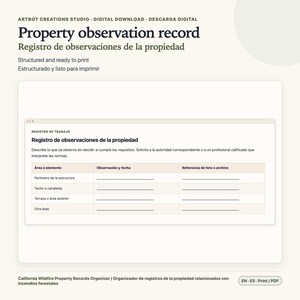 May include: A digital document template titled Property observation record, featuring a structured table with columns for area or element, observation and date, and photo or file reference, designed for tracking property conditions and maintenance.
