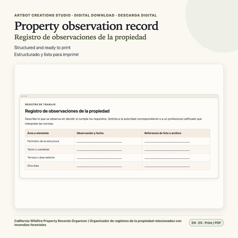 May include: A digital document template titled Property observation record, featuring a structured table with columns for area or element, observation and date, and photo or file reference, designed for tracking property conditions and maintenance.