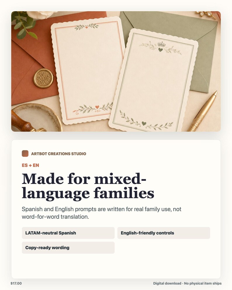 May include: Two rectangular stationery cards with scalloped edges and cream-colored paper. One card features a red border with leaf and heart motifs, while the other displays a green border with a crown, heart, and leaf design at the top and bottom.