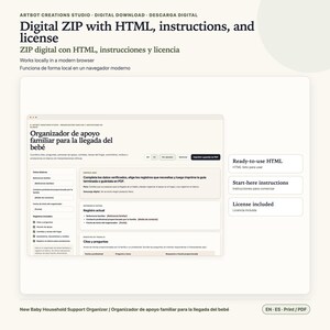 May include: A digital ZIP file containing an HTML-based baby household support organizer. The interface features sections for family references, contact information, and task logs, with text in Spanish. Includes instructions and a license for local use.