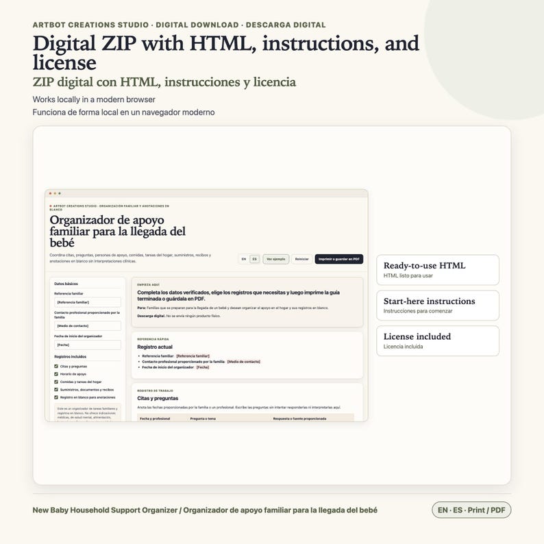 May include: A digital ZIP file containing an HTML-based baby household support organizer. The interface features sections for family references, contact information, and task logs, with text in Spanish. Includes instructions and a license for local use.